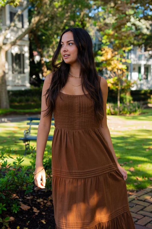 Elody brown organic cotton Maxi Dress featuring a square neckline, fitted bodice and tiered skirt